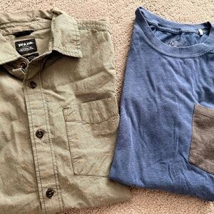 SET of TWO: Sz S, Men’s Prana, olive button down, short sleeve and Navy T-shirt